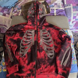 Bone Yard Heat Reactive Red Skeleton Full Zip Hoodie Tie Dye Biker Forever 21